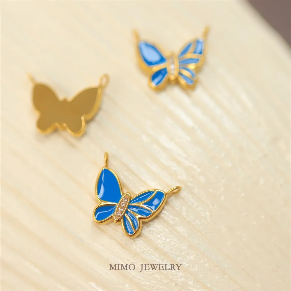 

Titanium Steel Gold-Plated Mysterious Elegant Peacock Blue Butterfly Zircon Pendant DIY Handmade Earrings Necklace Jewelry Charm