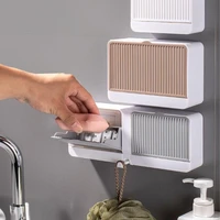 creative wall mounted soap box with lid double grids soap draining rack bathroom soap holder