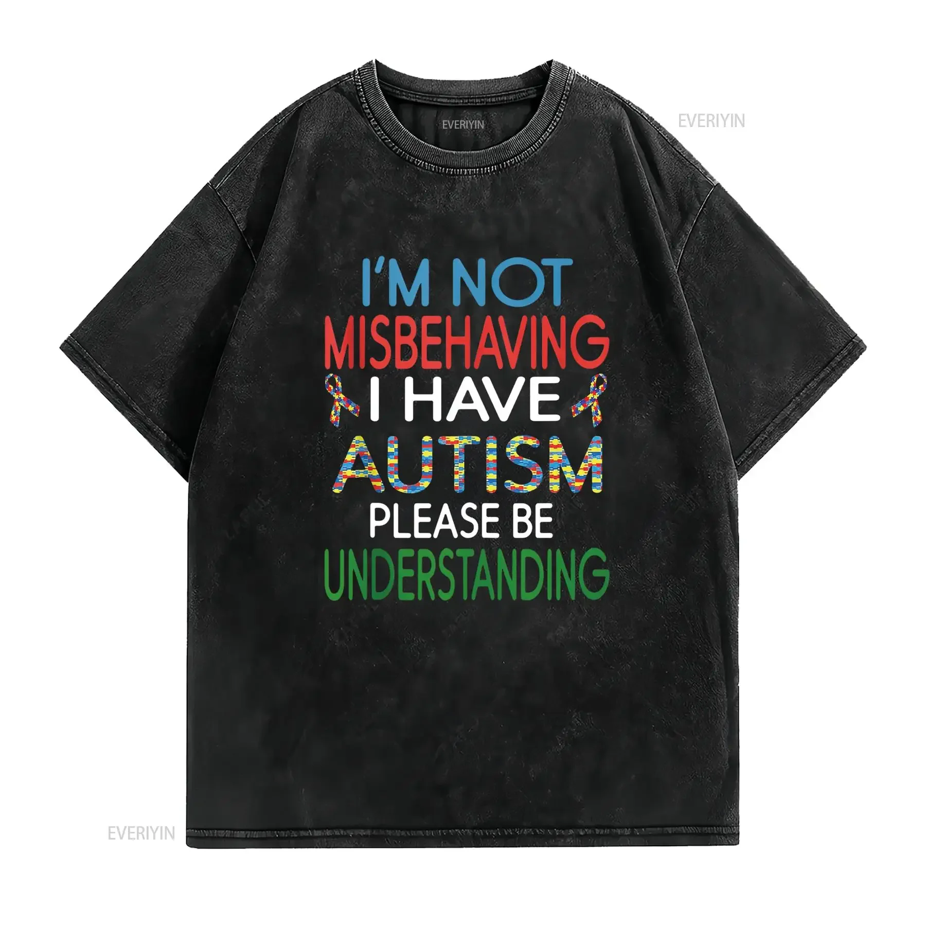 Фото Мужская футболка Aspergers and Autism Kids I m Not Misbehaving Have, черная маленькая винтажная стираная уличная одежда унисекс, слегка мягкая №2