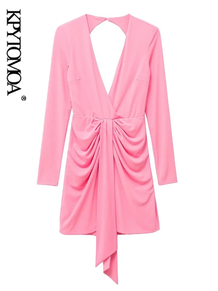 

KPYTOMOA Women Fashion With Knotted Draped Mini Dress Vintage Long Sleeve Backless Zipper Female Dresses Vestidos Mujer