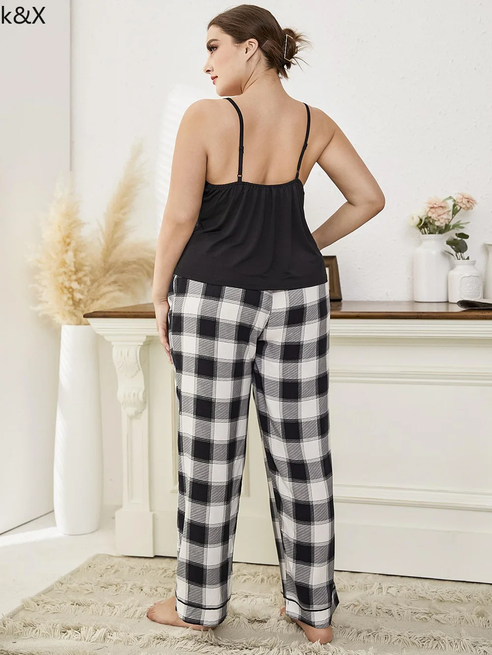 Pants Suit  Plus Size Two Piece Set 4xl Big Size Pyjamas Plaid Bottoms Sleep Wear Women Lace Cami Pajama Elastic Waist Pant Sets