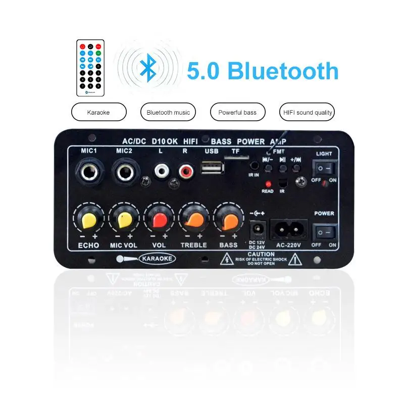 

Цифровой стереоусилитель с Bluetooth, 120 Вт, 220 В, 12 В, 24 В переменного тока, панель с сабвуфером, усилители для караоке с двумя микрофонами для колонок 8-12 дюймов