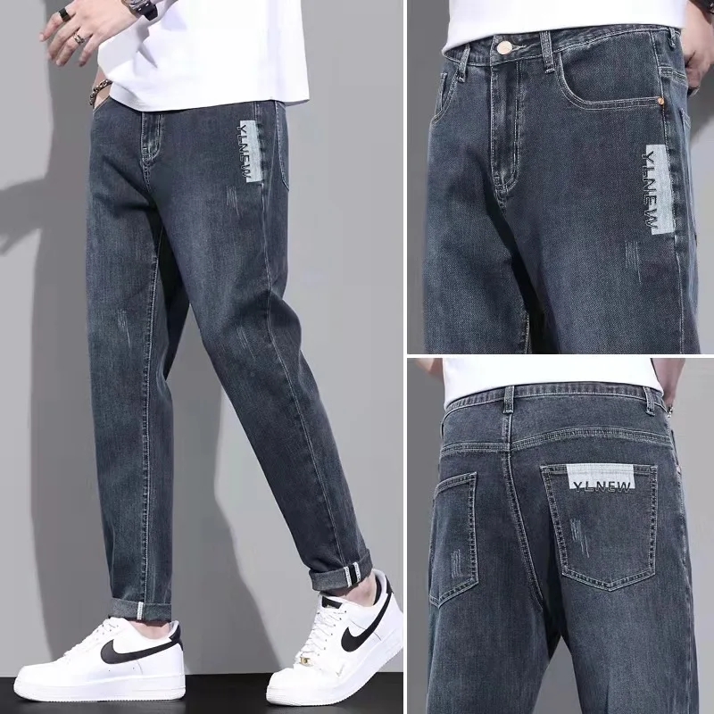 

Джинсы 2023, мужские летние тонкие свободные прямые облегающие брюки с принтом, новые эластичные повседневные мужские брюки