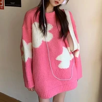 cute sweet loose sweater woman casual fashion long sleeve o neck office lady cloud embroidery outerwear knitted harajuku autumn