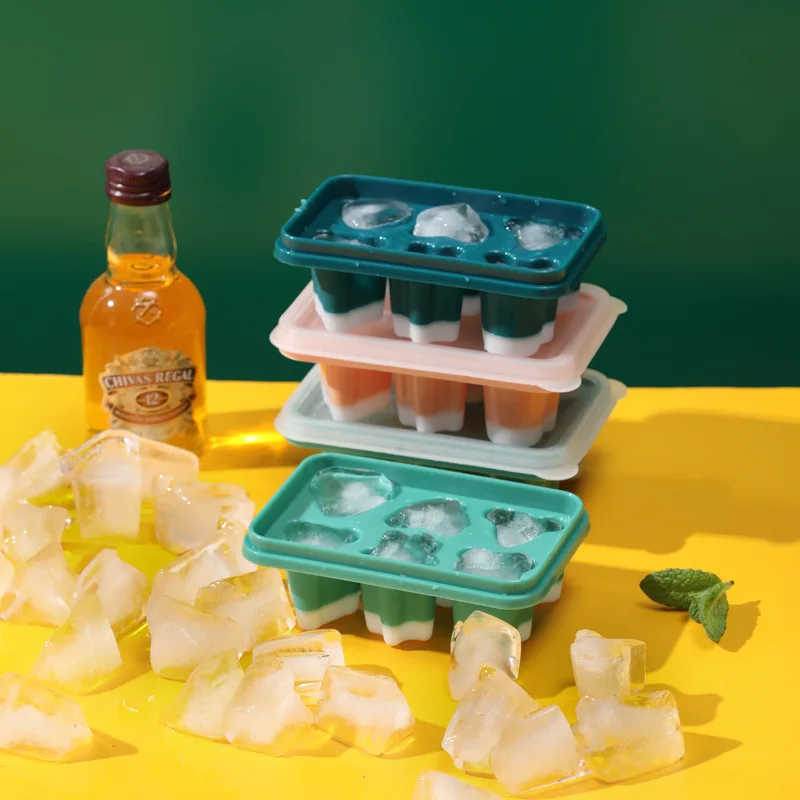  6 Grid Silicone Ice Cube Mould with DIY Lid Soft Bottom Ice Cube Mold Square Fruit Ice Cube Maker Tray Kitchen Bar Accessory 