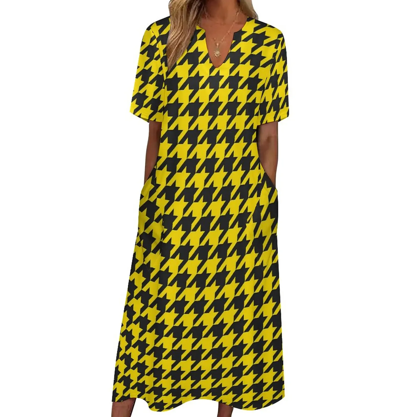 

Houndstooth Check Dress Spring Cute Yellow Black Street Fashion Boho Beach Long Dresses Women Trendy Maxi Dress Birthday Gift
