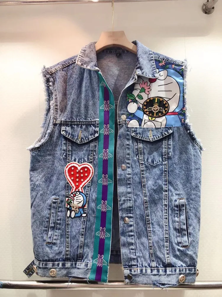 

Fashion Beaded Cartoon Patch Denim Vest Jacket 2022 Summer New Loose Lapel Blue Denim Vest Women LL997