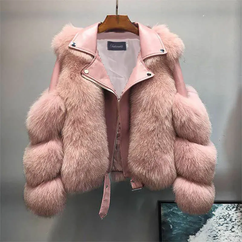 Office Lady Faux Fox Fur Jackets 2023 Winter New Fashion Women Short Zipper Jacket Female Stitching Fur Parkas Overcoat Outfits