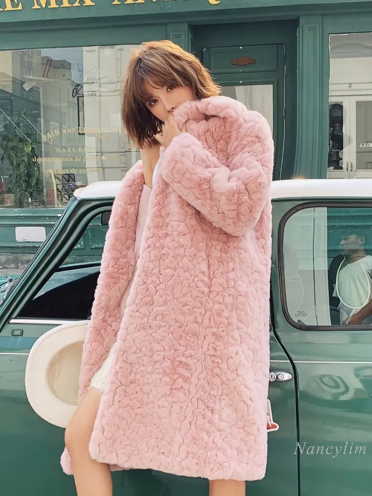 Autumn and Winter Long Fur Coat Women 2022 New Long Below The Knee Fashion Loose and Warm Pink Fur Overcoats Streetwears