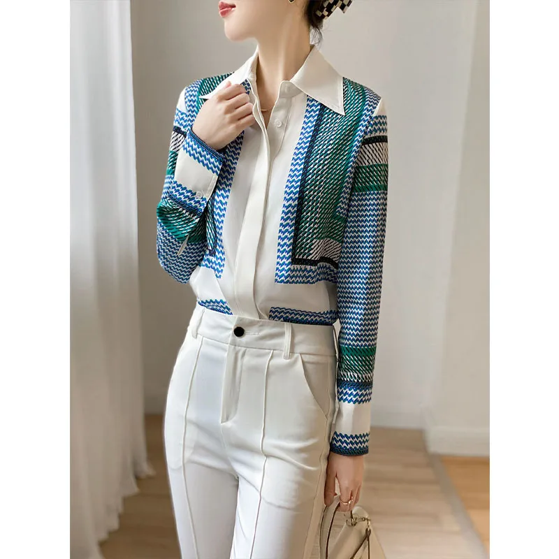 Elegant Fashion Printed Spliced Commuter Button Shirt Female Clothing Spring Autumn Long Sleeve Korean Turn-down Collar Blouse