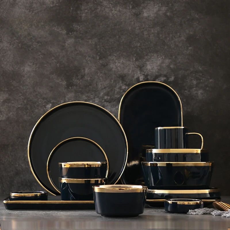 

Nordic Golden Stroke Ceramic Plate Hotel Table Decoration Steak Black Dinner Plates Salad Dishes Western Cuisine Tableware Set