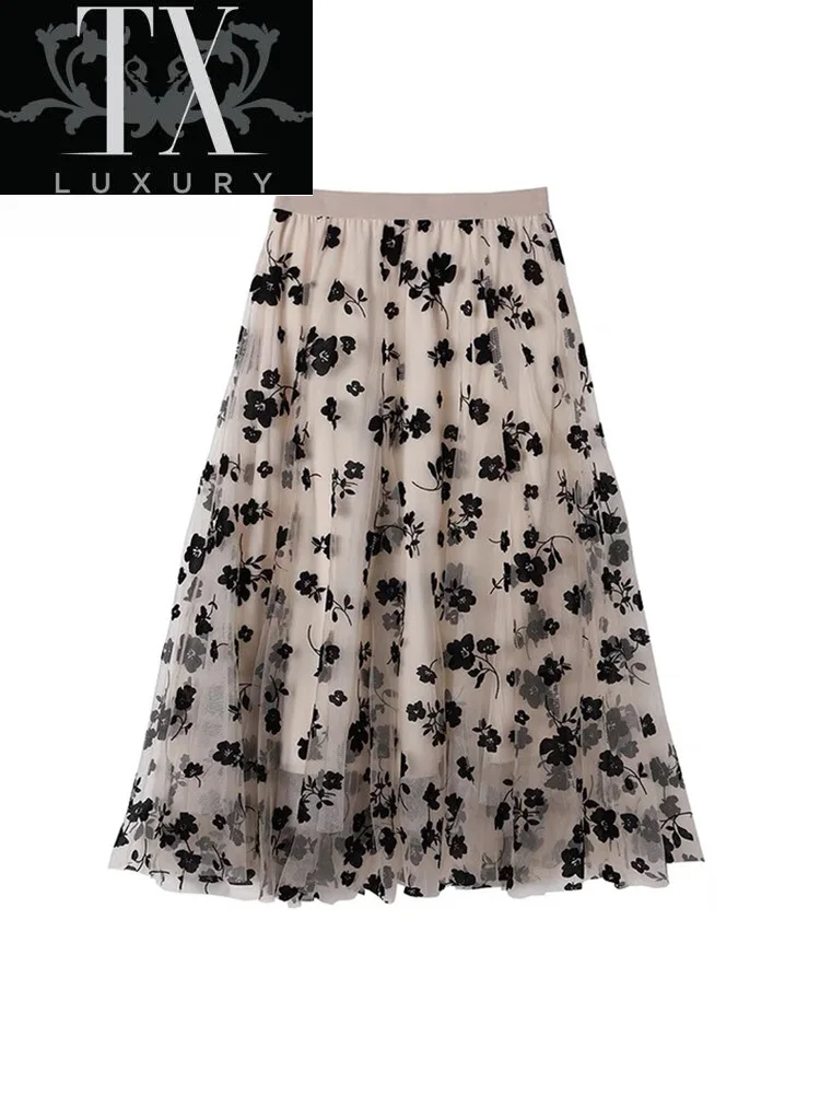

Skirts Women High Waist Korean Style Elegant Spring Fall All-Match Jupe Mujer Faldas Femme Chic Floral Gauze A Line Fairy Skirt