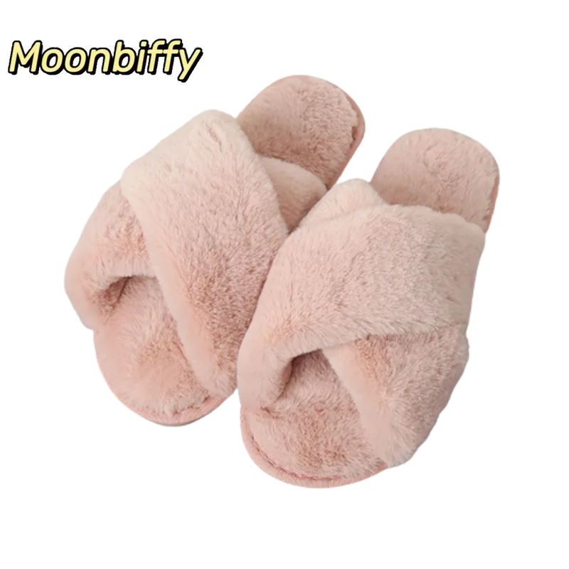 

2022 NEW Design Women Winter House Furry Slippers Women Cross Fluffy Fur Home Slides Flat Indoor Floor Shoes Ladies Flip Flops