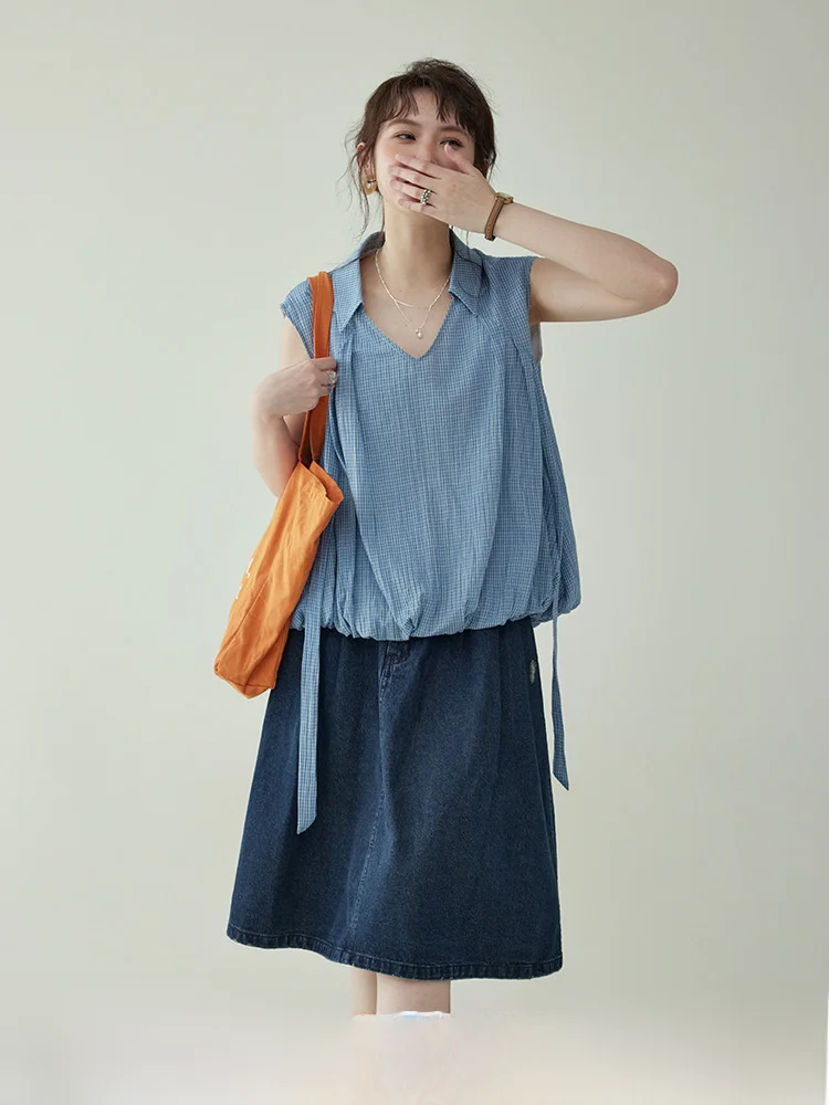 &quotNorth Island Amuu Original&quot Ретро синие рубашки с v-образным вырезом и лентой женский