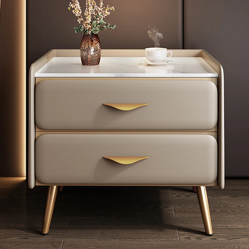 

Simple Modern Bedside Table Bedroom Stone Plate Solid Wood Leather Storage Bedside Cabinet