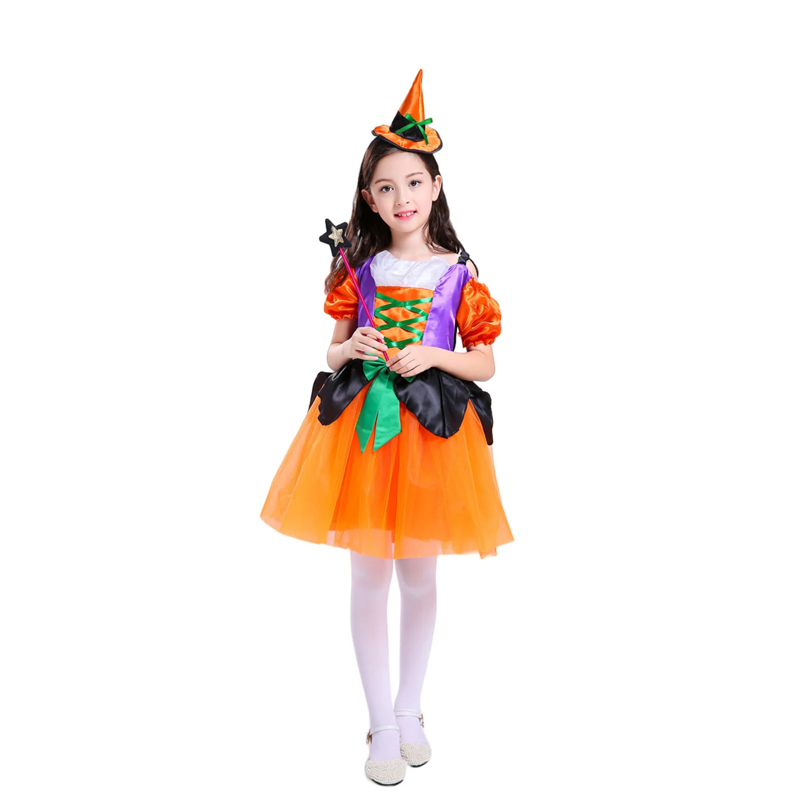 

Girls Christmas Witch Clothes Hat Magic Wand Candy Bag Kids Halloween Children Cosplay Orange Dress Stage Fancy COS Props