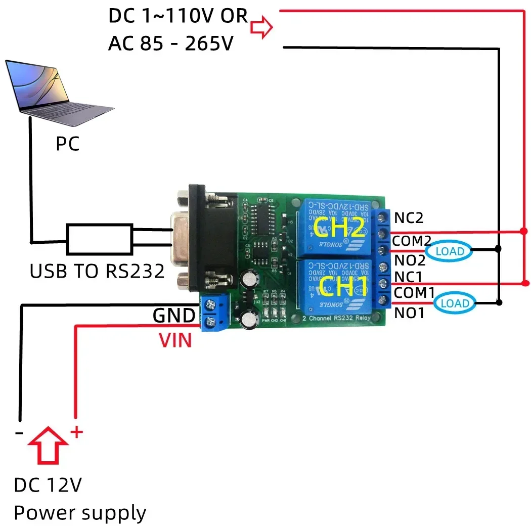 N228D02 DC 12 В 24 2CH DB9 UART Релейный модуль RS232 Плата переключателя последовательного