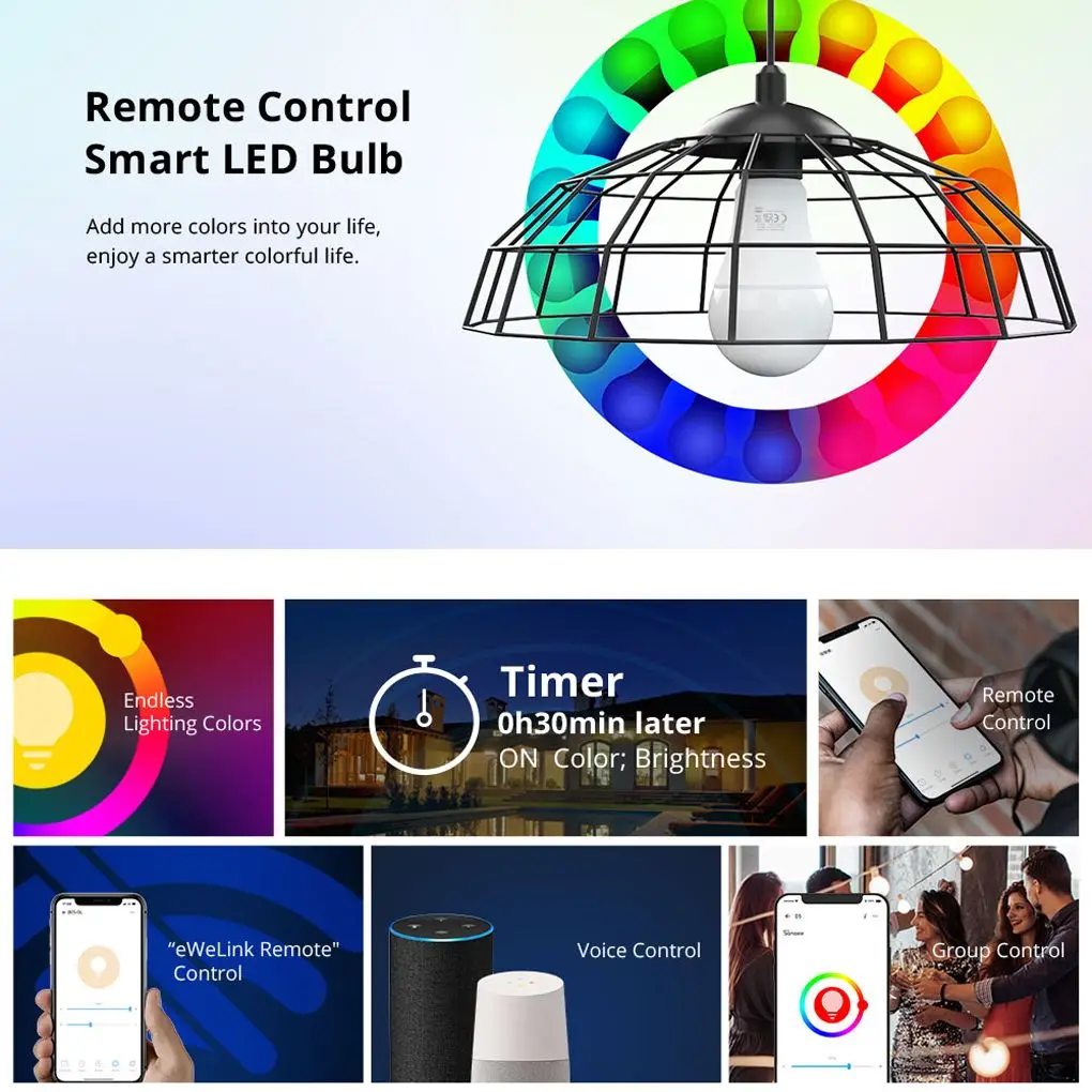 

E27 RGB WiFi Smart Light Bulb Dimmable Phone App Remote Control Countdown Timer Lights Brightness Adjustable Office KTV 9W