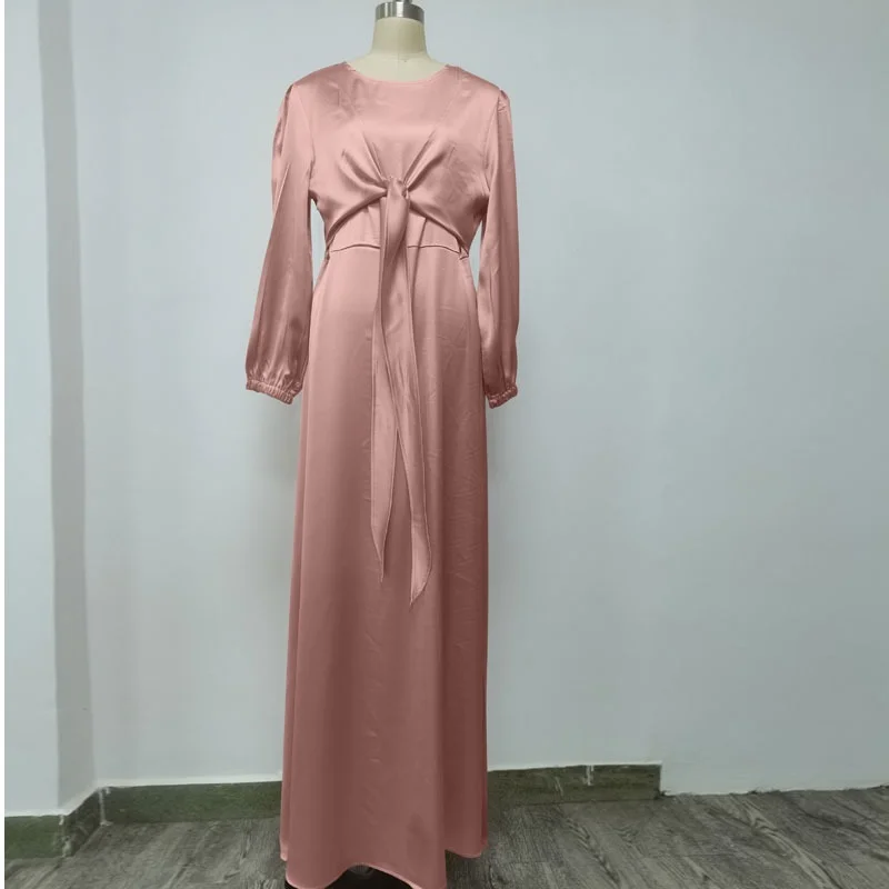 Eid Satin Long Dress Dubai Abaya Women Muslim Wrap Front Elegant Long Sleeve Hijab Dresses Party Robe Islamic Turkey Clothes