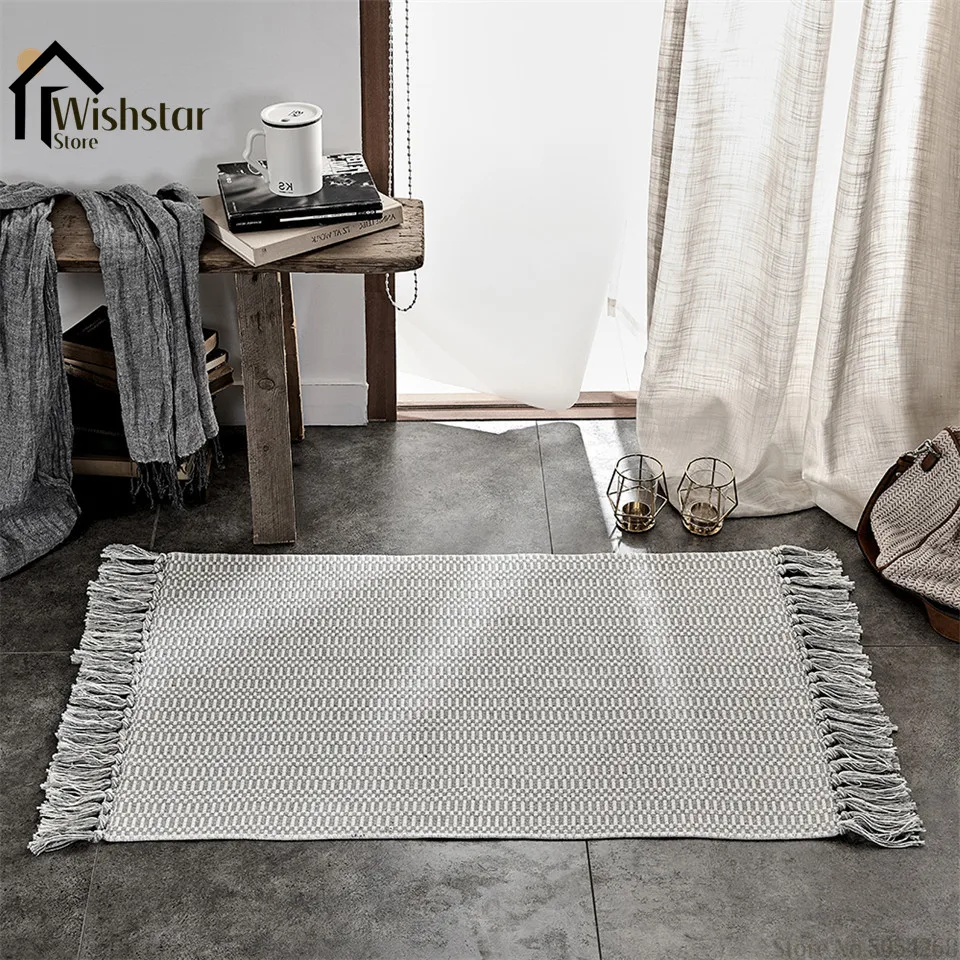 

Nordic Rug Gray Cotton Tassel Woven Carpet Bedroom Bedside Mat Hand Knotted Rug Living Room Carpet Scandinavia