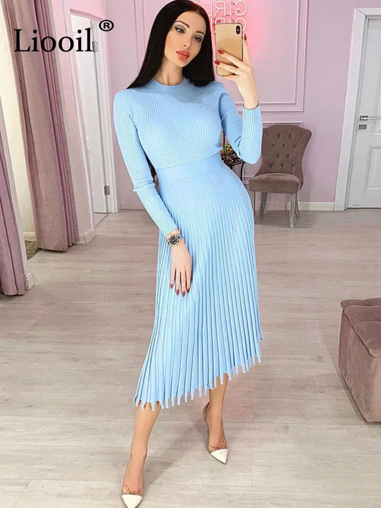 Liooil Sexy Knit Ribbed Sweater Dress Women Autumn 2022 Winter Long Sleeve O Neck Robes Streetwear Bodycon Long Pleated Dresses