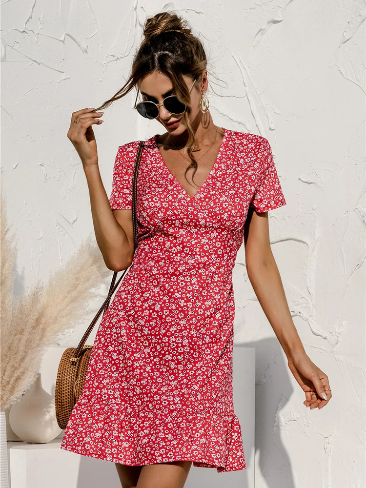 

Summer New V-neck Geometric Dotted Floral Women Dress Ruffle Decoration X-type Sexy Country Casual Style 2023 Bohemian Dress