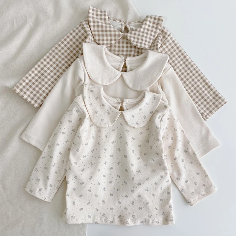 

Toddler Baby Girl Top Autumn Solid Floral Peter Pan Color Bottoming Shirt for Infants Pure Cotton Plaid Kids Clothes Girls 0-3Y