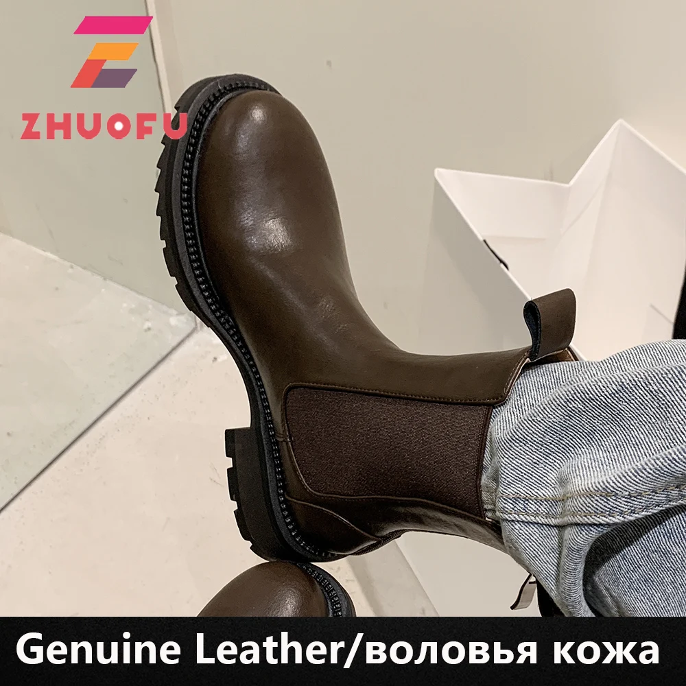 

Классические женские ботильоны челси ZHUOFU 2023 из натуральной кожи, лаконичные ботинки на толстом каблуке с круглым носком, осенне-зимняя женс...