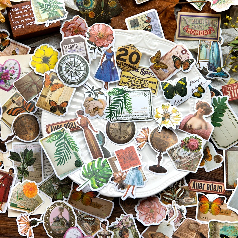 

80Pcs Stickers Collage Notes The Word Unnamed Poem Material Decorative Packing Supplies Backing Rose Plant Scrapbook 140*95mm