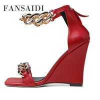 fansaidi fashion summer womens shoes elegant red white wedges sandales metal chain back zipper sexy consice party shoes 40