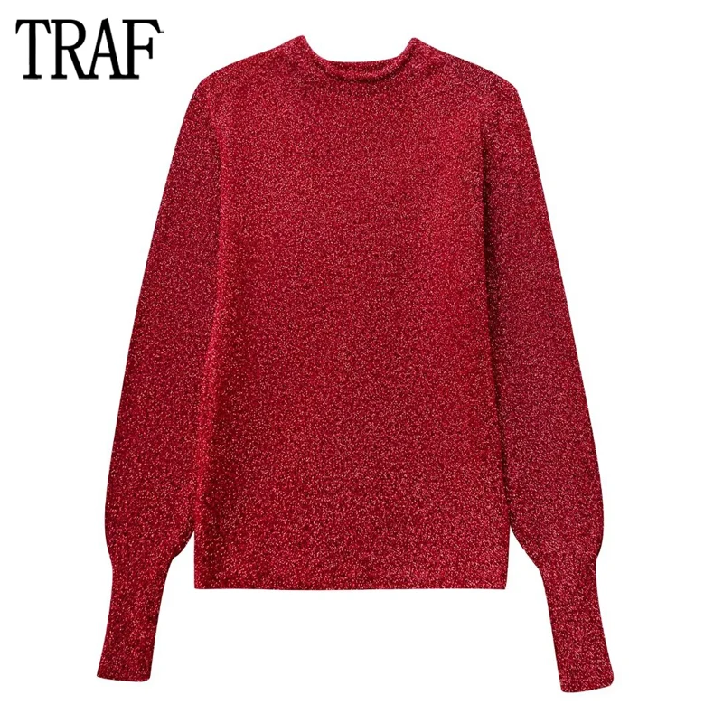 

TRAF 2024 Red Foil Sweaters for Women Pullover Knitted Sweater Woman Fashion Backless Women's Sweater Long Sleeve Knitwears