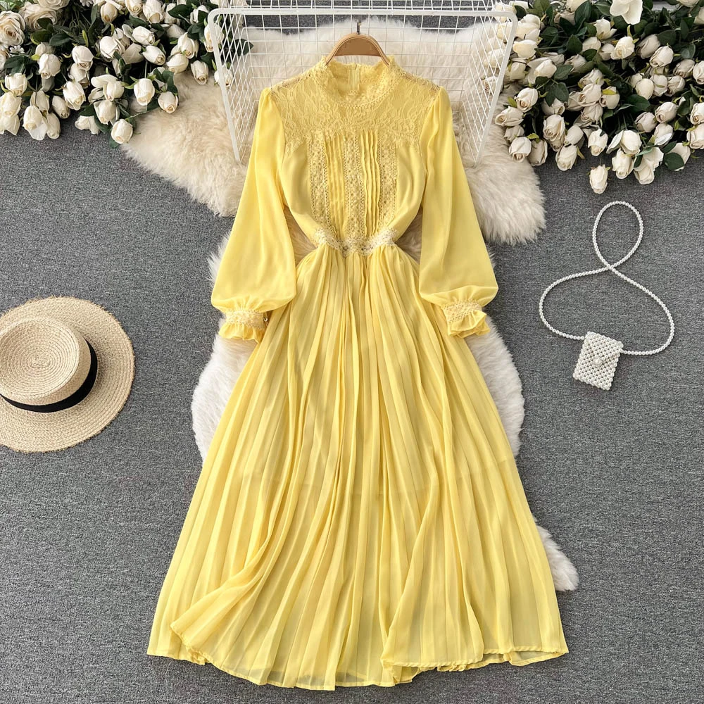 

New Women Elegant Long Sleeve Lace Dress French Retro Stand Collar Pleated Midi Dresses High Waist Temperament Large Swing Dress