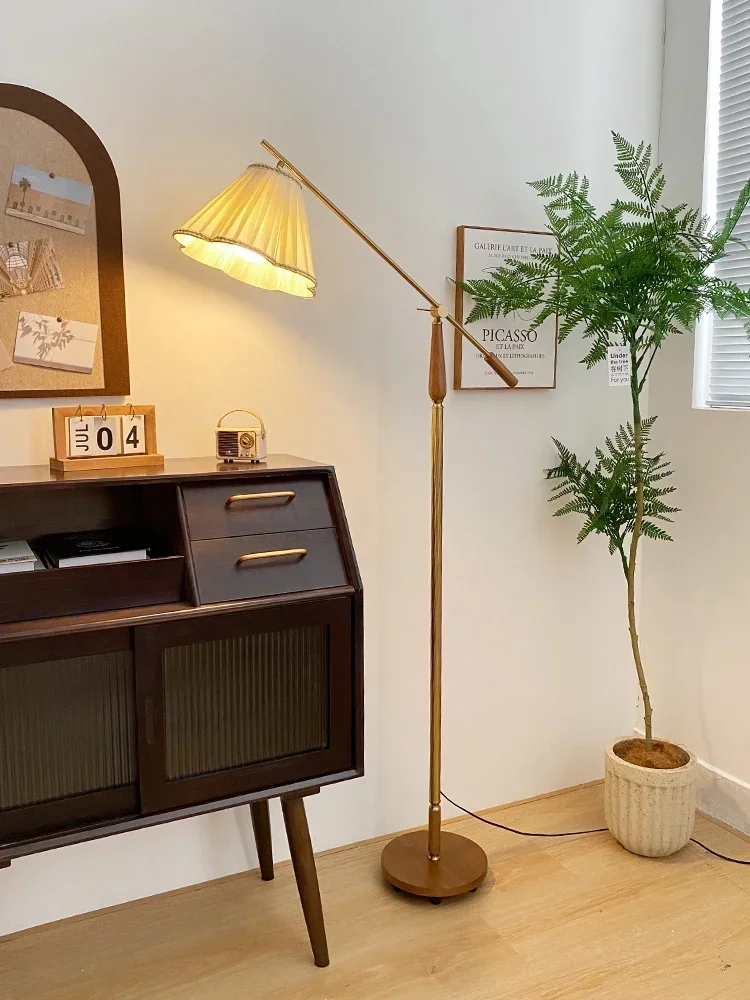 

French Retro Floor Lamp Mid-Ancient American Design Light Luxury Log Style Living Room Bedroom Rocker Arm Night Fish Luring Lamp