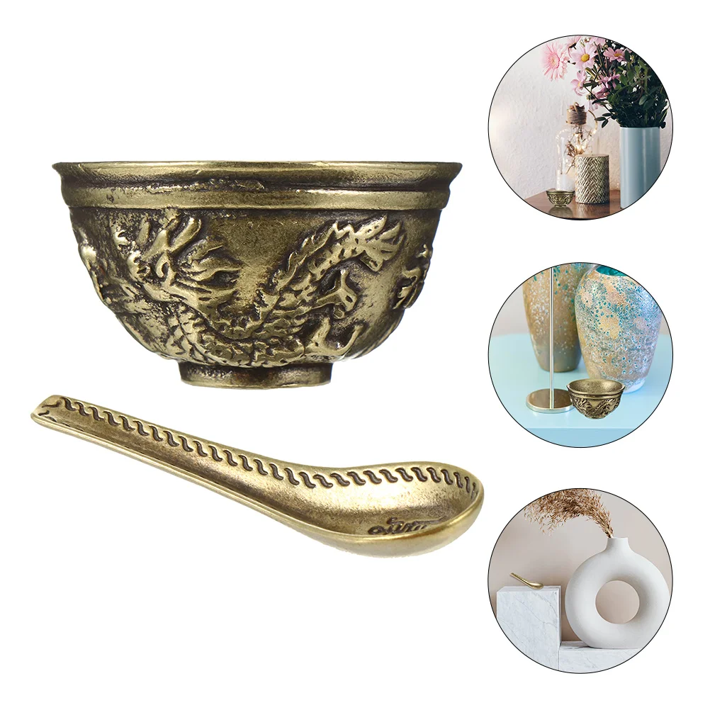 

1 Set of Retro Style Brass Bowl Ornament Exquisite Carving Spoon Decoration Home Decor