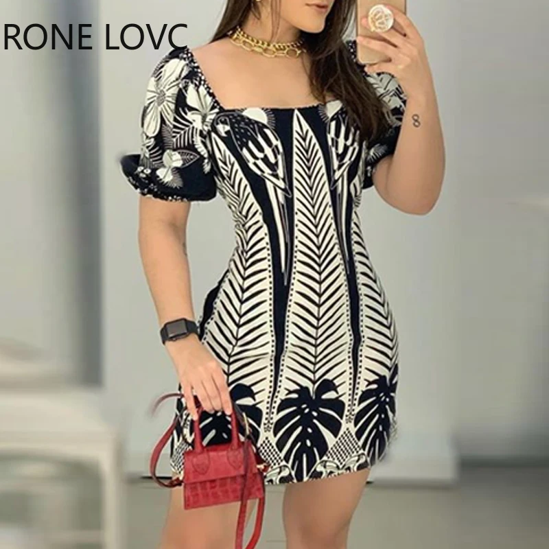 

Women Elegant Fashion Square Neck Plant Print Backless Dress Bodycon Dress Mini Dress