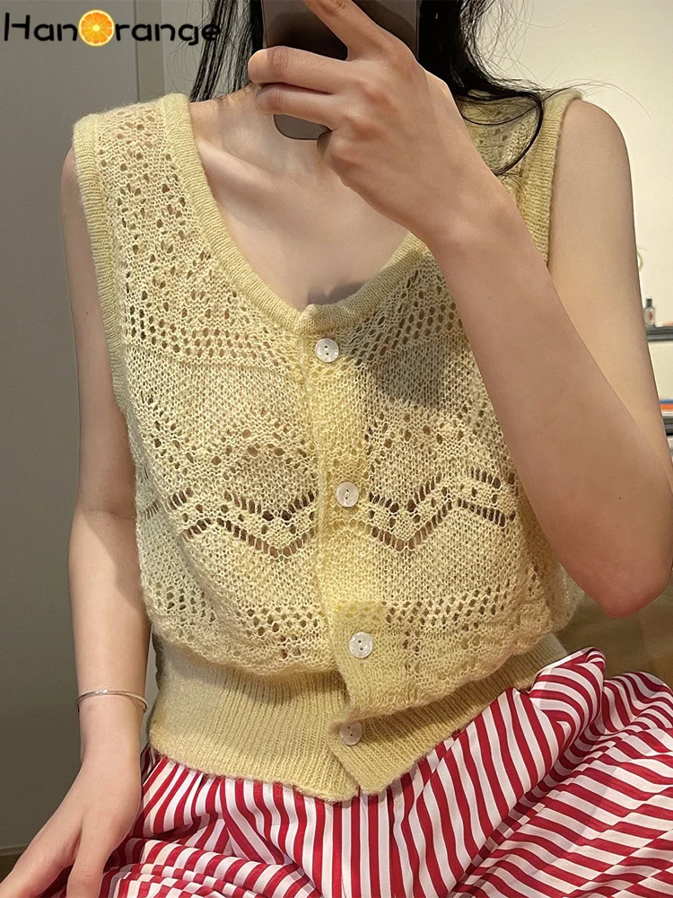 

HanOrange 2022 Summer Sweater Vest Hollow Mohair Age-reducing V-neck Knitted Top Loose Sleeveless High Waist Cardigan Women