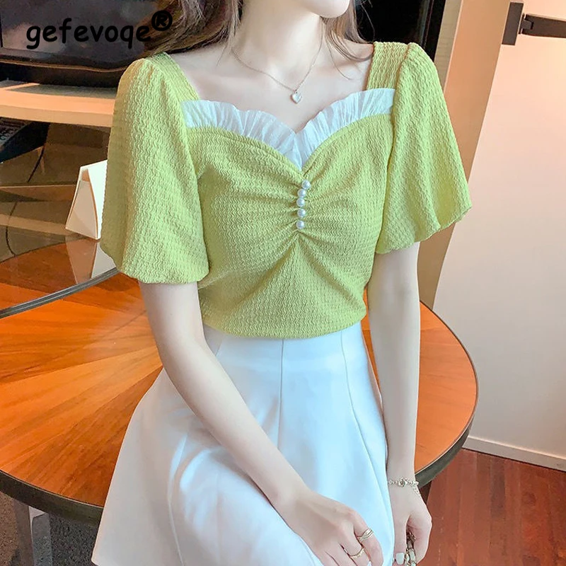 

Blouse Women Sweet Korean Short Sleeve Summer All-match College Fashion Ladies Pearl Design Popular Leisure Elegant Solid Shirts