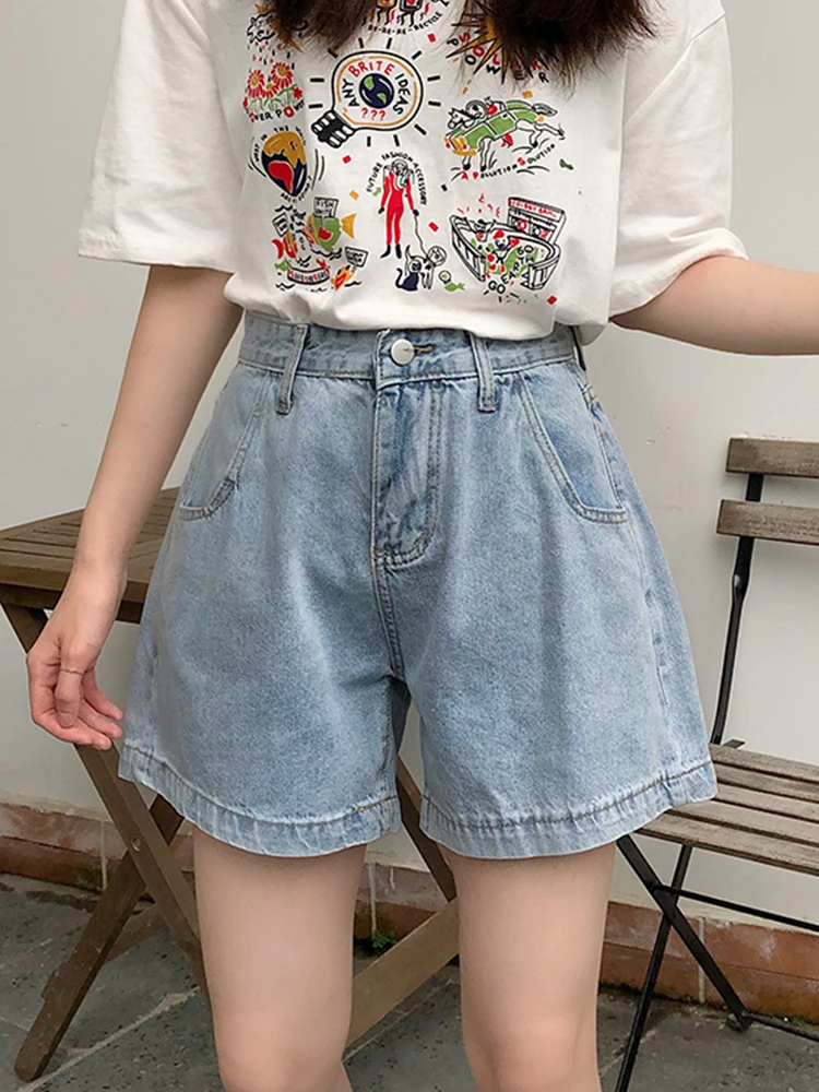 New Streetwear Women Loose High Waist Blue Denim Shorts Spring Summer Female Button Wide Leg Jeans Shorts Bottoms