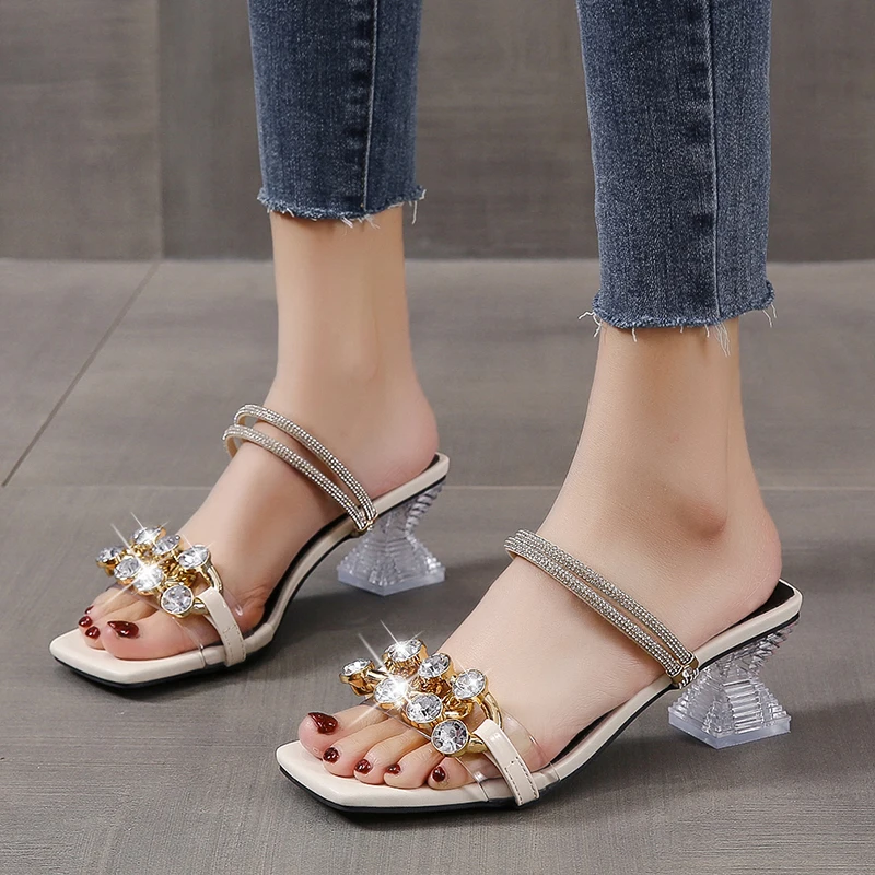 

2023 New Shoes for Women Modern Sandals Fashion Square Heels Pumps Sexy Clear Rhinestone Sandalias Casual Ladies Party Shoes