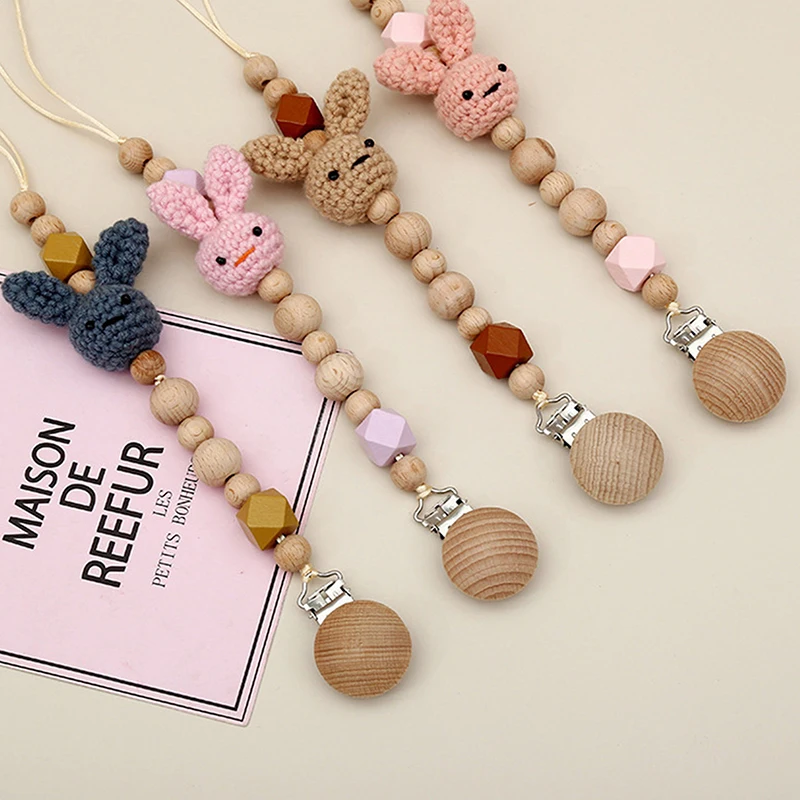 

1pc Crochet Bunny Baby Pacifier Clip Chain BPA Free Wooden Beads