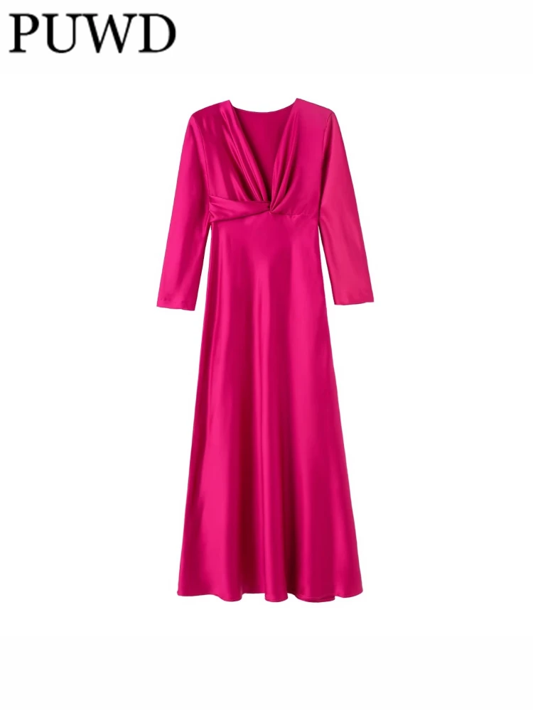 

PUWD Women Pink Knot Satin Dress 2022 Fall/Winter Ladies Vintage Dress V Neck Fold Party Slim Female Dresses Vestidos Mujer