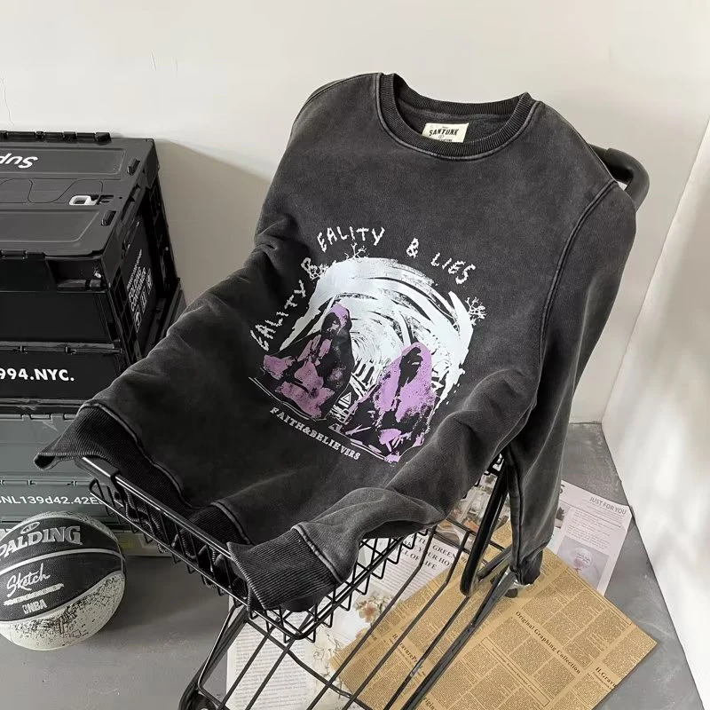 

Американская потертая черная уличная Толстовка для мужчин и женщин, тяжелые свободные потертые пуловеры