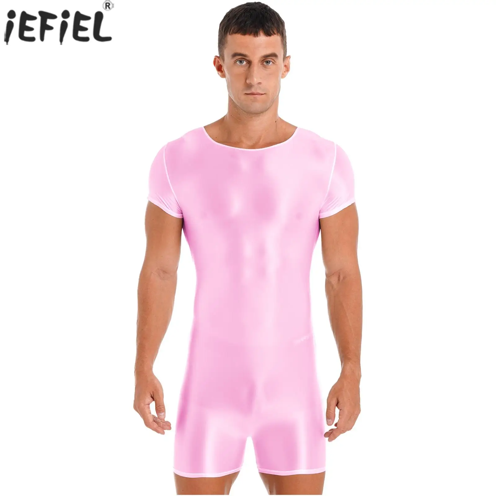 

Mens Solid Color Glossy Short Sleeve Round Neck Sport Running Yoga Swimming Sissy Sexy Swimwear Bodysuit