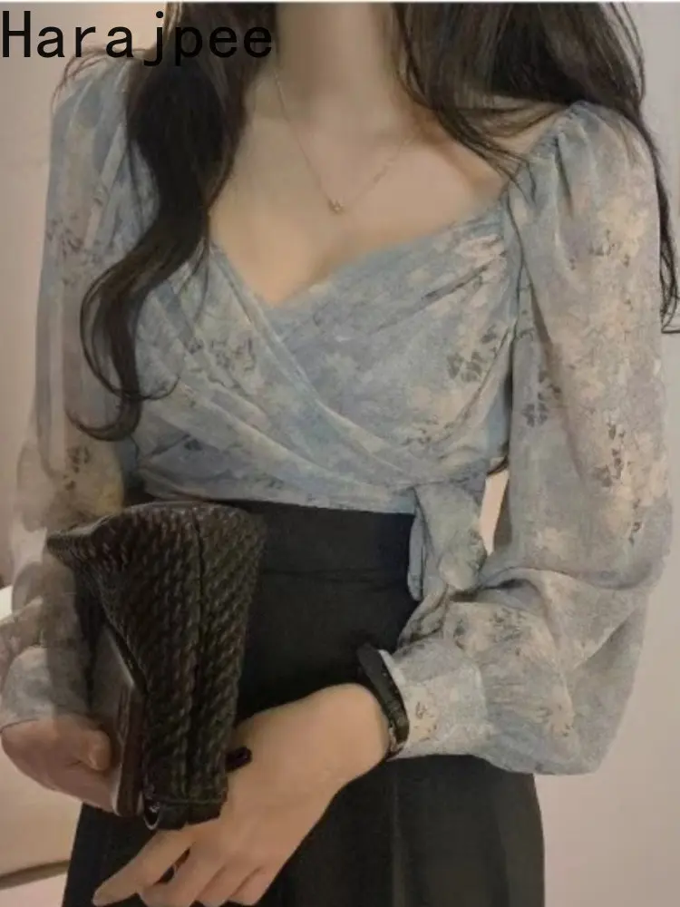 

Женская винтажная блузка Harajpee с V-образным вырезом, перекрестной шнуровкой и длинным рукавом, новая простая универсальная корейская мода на...