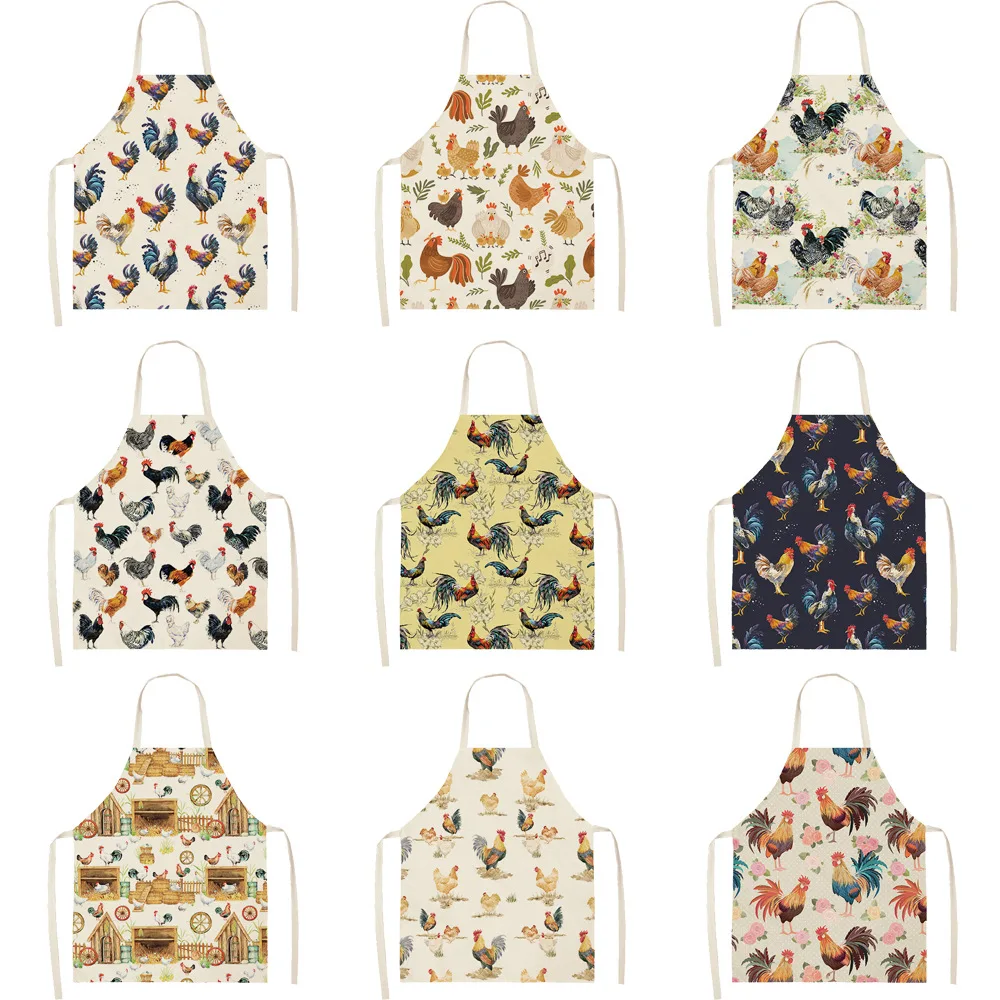 

1 Pcs Cock Printed Cotton Linen Sleeveless Aprons Kitchen Women Pinafore Home Cooking Baking Waist Bib 38x47cm