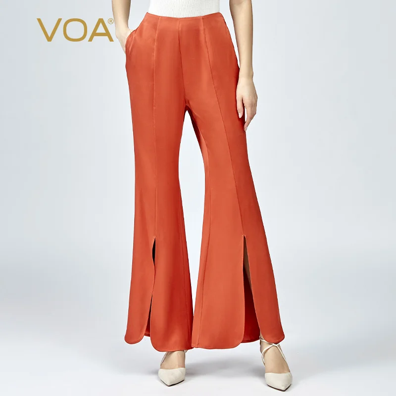 

VOA100% Silk Double-sided Forging Hidden Side Zipper Natural Waist Trousers Side Pocket Slit Casual Flared Woman Pants KE637