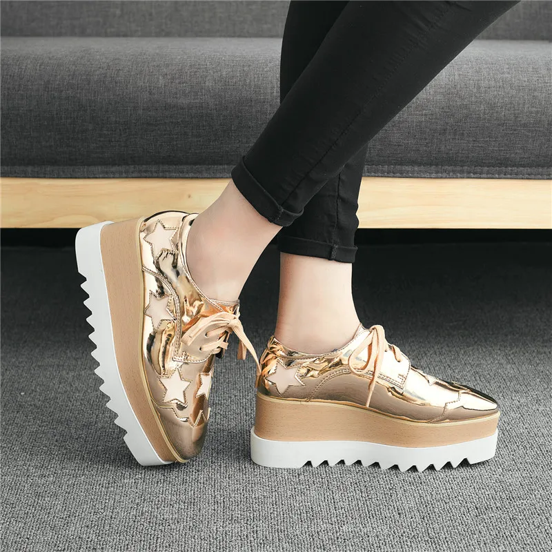 2021 Star Platform Shoes Lace-up High-heeled Square Toe Wedge Women Casual British Style Heighten Leather Winter Plush Sneakers