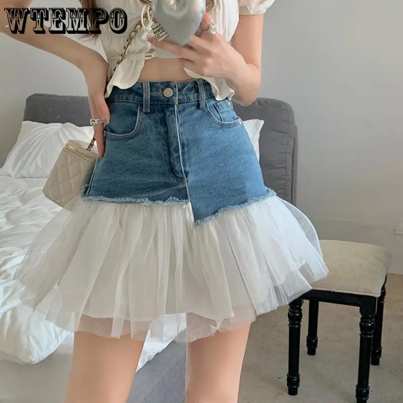 

Сетчатая Лоскутная Пышная юбка WTEMPO, летняя джинсовая юбка, женская короткая юбка, летняя Прямая поставка