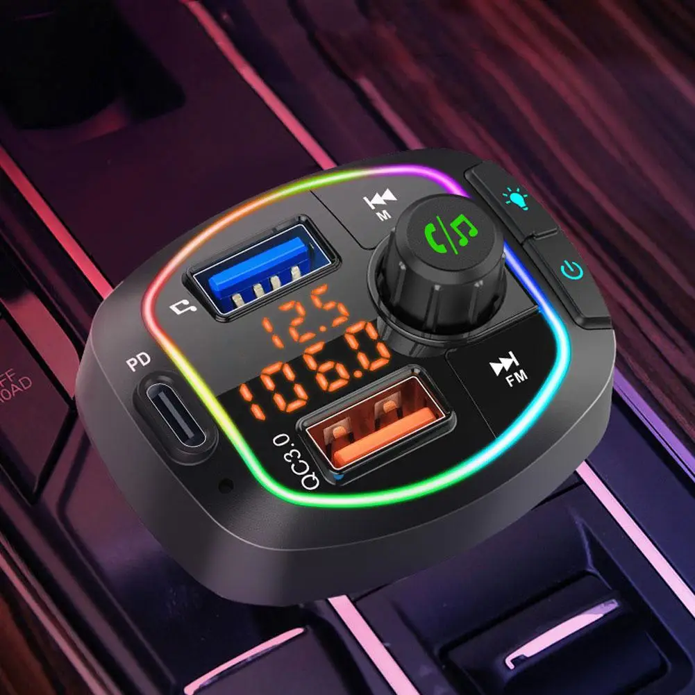 

Car Mp3 Bluetooth Player Fast Charging Colorful Light Type-c Port Super Handsfree Car Radio Quick Charge Adapter for Car
