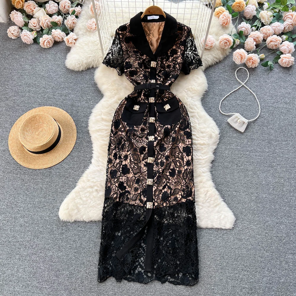 

Summer Runway Embroidery Lace Prom Dress Women's Hollow Out Short Sleeve Golden Single Breasted Pocket Belt Long Vestidos Party